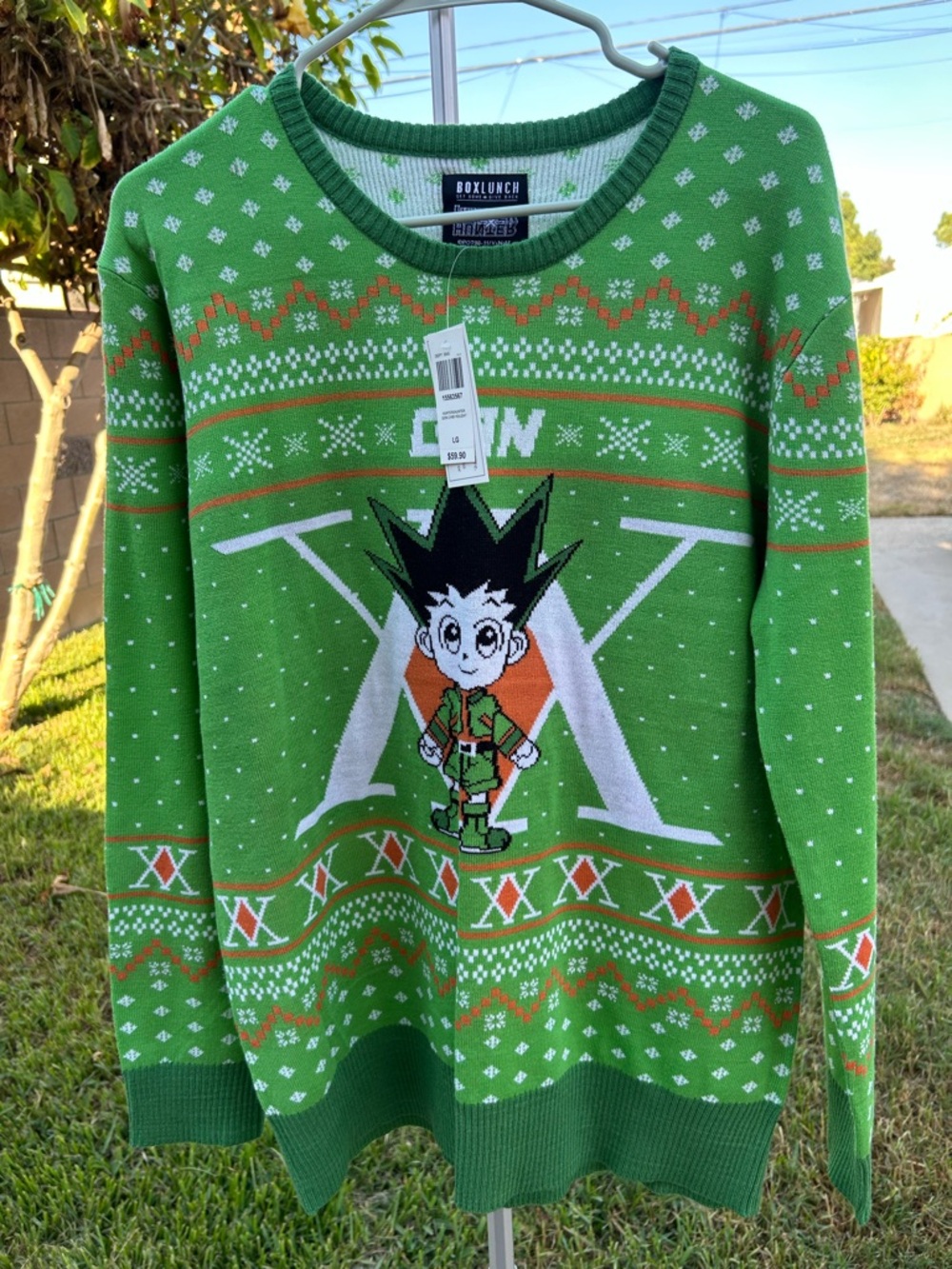 Green Anime hunter x hunter Crewneck Sweater with Orange & White Accents